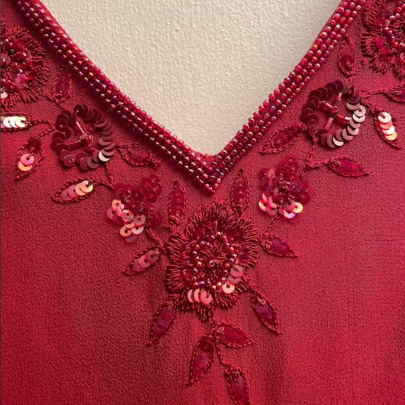 Deep Red Silk Beaded Cocktail V-neck Dress Size 6 - Picture 2 of 6